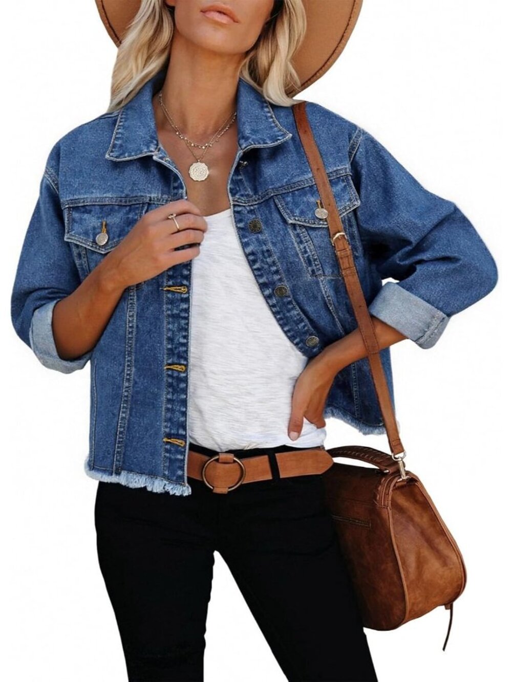Women’s Dark Blue Washed Button Down Cropped Frayed Stretch Shacket Jean Jacket